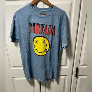 Nirvana Smiley Graphic Tee Blue Washed size Large NWOT